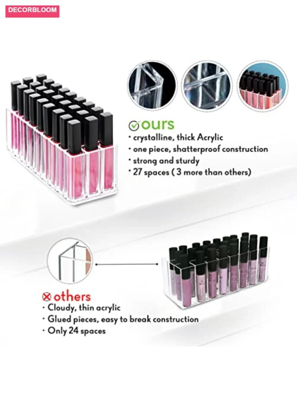 27 Slot Acrylic Makeup Organizer Vanity Drawer Storage Clear Lipstick Holder